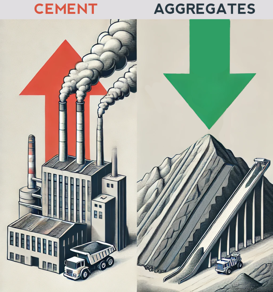 Cement has much higher CO2 carbon dioxide emissions than construction aggregates