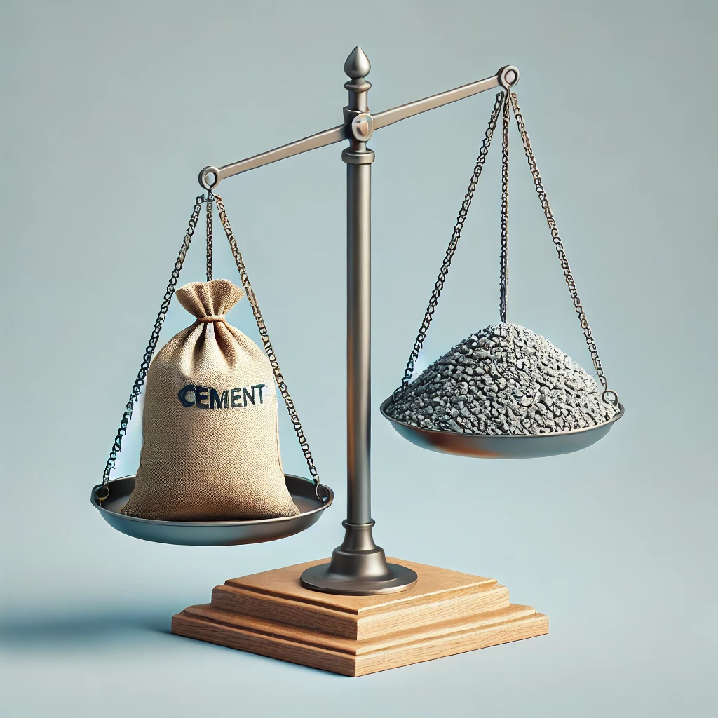 A scale showing the CO2 impact of cement on one side and the impact of natural aggregates on the other.